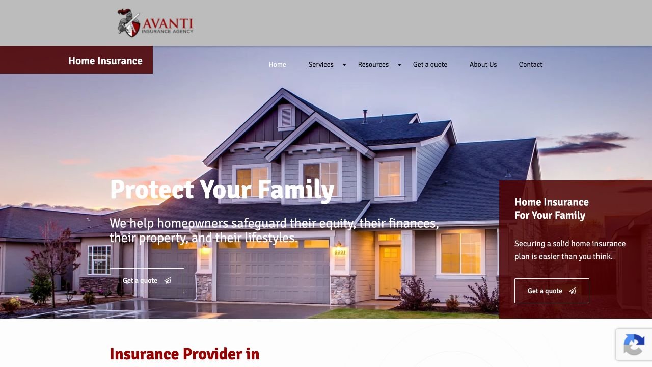 Avanti Insurance website featuring its logo, home insurance services, and a house at dusk.