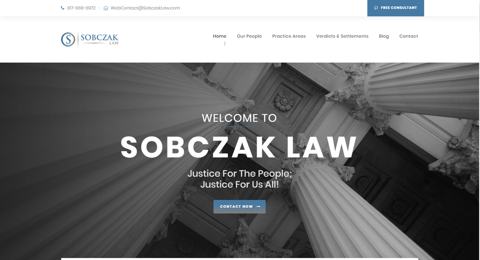 Original Sobczak Law website design, featuring the firm’s logo and city imagery.